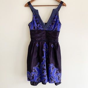 Free People Blue/Black Patterned V-Neck Dress